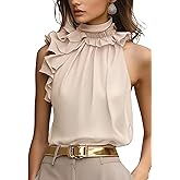 SOLY HUX Women's Elegant Blouse Ruffle Trim Sleeveless Mock Neck Halter Tank Top Office Outfit