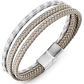 COOLSTEELANDBEYOND Men’s Beige and White Braided Leather Bracelet with Steel Clasp Dual Strand Woven Casual Bracelet