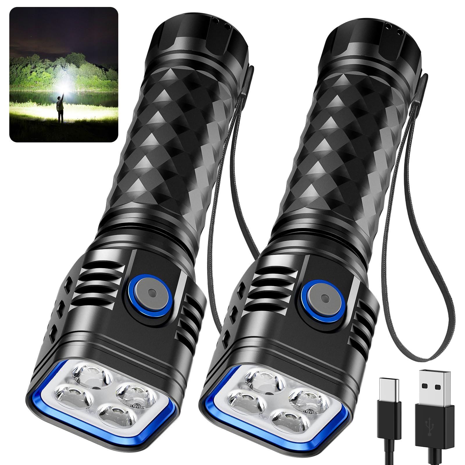 Photo 1 of 2 Pack Rechargeable Flashlights High Lumens Battery Powered Super Bright Flashlight LED USB C Handheld Metal Pocket Flashlight Small EDC Tactical Flash Light for Home Camping Fishing Hiking (2)