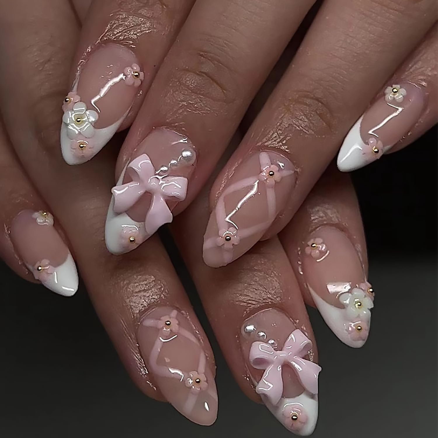 Tyuimhx 3D Pink Bow Press on Nails Medium Almond Fake Nails With 3D Pink White Flowers Pearls Designs White French Tip False Nails Full Cover Stick on Nails Acrylic Artificial Nails for Women 24Pcs