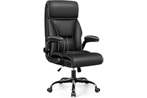 GUESSKY Office Chair, Executive Leather Chair Ergonomic Home Office Desk Chairs, High Back Lumbar Support Computer Chair with Padded Flip-Up Arms, Swivel Rolling Chair with Adjustable Tilt Lock (Black)