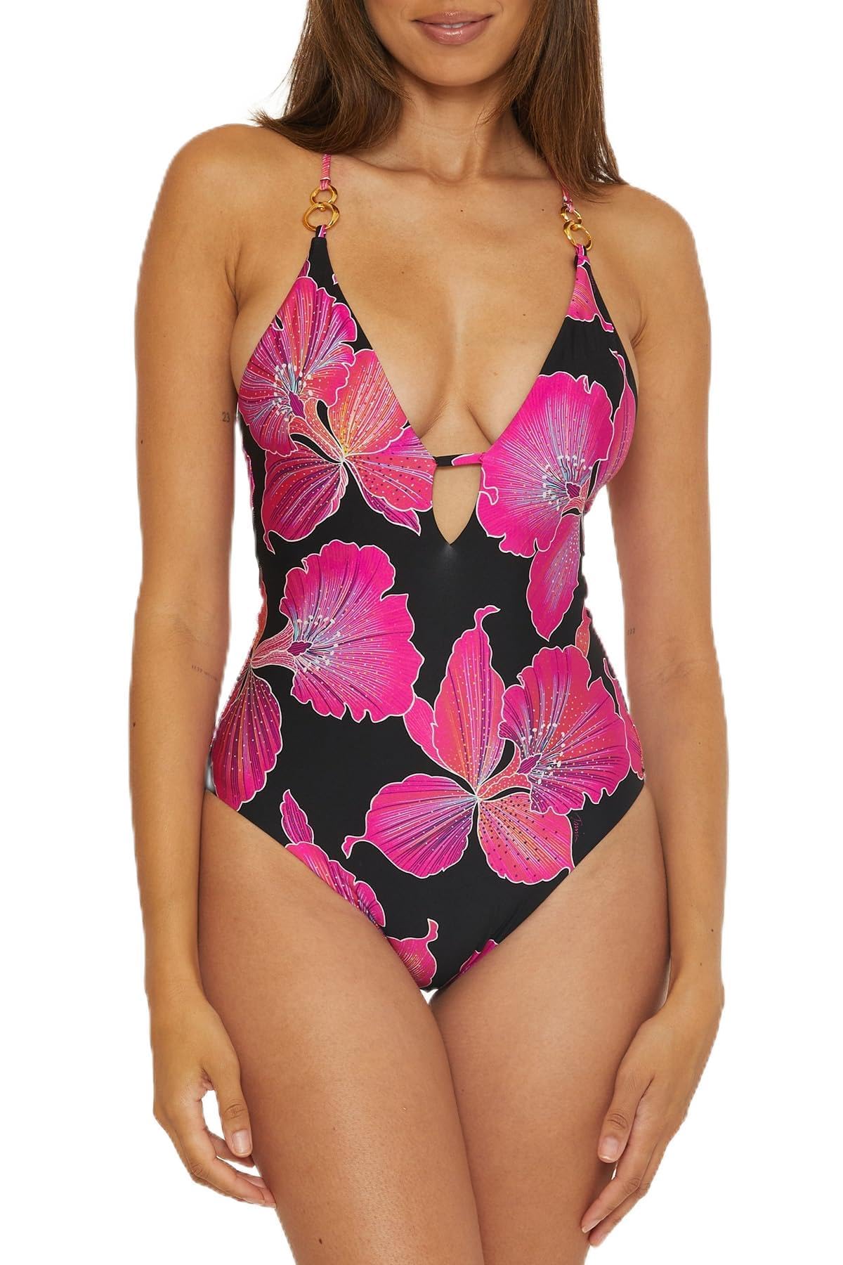Photo 1 of Trina Turk Women's Standard Fleury One Piece Swimsuit, Plunge Neck, Floral Print, Adjustable, Tie Back, Bathing Suits, Multicolor 6