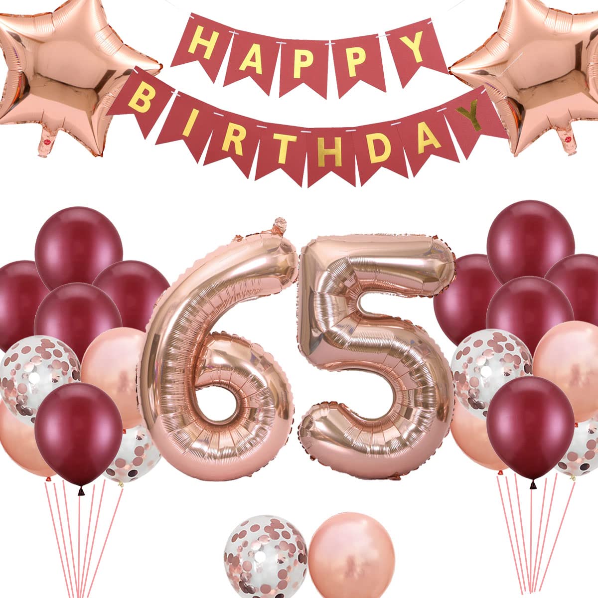 65th Birthday Decorations Wine Red for Women, Happy Birthday Banners Number 65 Birthday Balloons Star Foil Rose Gold Red Confetti Balloons for Her Mum Mother 65 Years Old Birthday