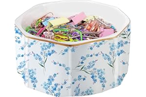LEAZUL Ceramic Paper Clip Holder Gold Line Paper Clip Dispenser Organizer for Desk Cute Floral Pattern Office Binder Clip Holder Bobby Pin and Hair Clip Holder Gift for Office Blue Flowers