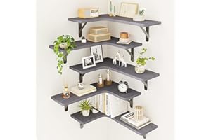 Fixwal Corner Floating Shelves, Wall Mounted Corner Shelf Set of 5, Rustic Wood Wall Shelves for Bathroom, Kitchen, Bedroom or Living Room (Gray)