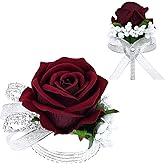 Vkkperp 2Pcs Burgundy Rose Corsage and Boutonniere Set, Artificial Wrist Corsage Wristlet Bracelets, Men Boutonniere for Wedding Party Formal Dinner Flowers Accessories Prom Decorations