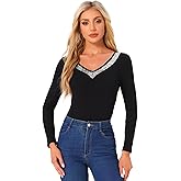 Allegra K Sequins Casual Blouse for Women's Long Sleeve V Neck Basic Holiday Blouse Shirt