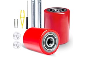 Pallet Jack Wheels Replacement Kit, 3" x 3.75" Load Wheels with Axles and Entry/Exit Rollers, 20mm ID Bearings, Red Polyureth