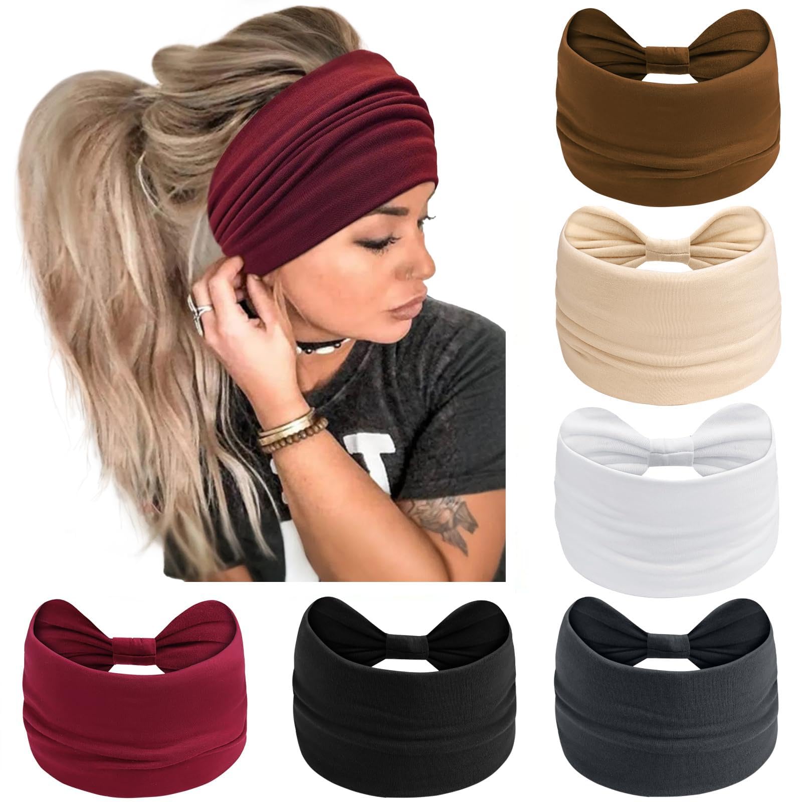 PROPOG Wide Headbands for Women's Hair, Head Bands Adult Women African Hair Band Elastic Bandanas Boho Hair Accessories for Women 6 Pieces