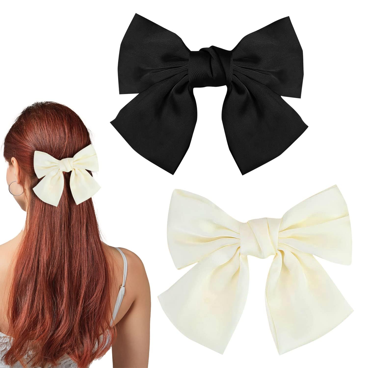 LECTNORE Bow Hair Clip - 2Pcs Black & White Hair Bows for Women, Satin Silky Ribbon Bowknot French Barrettes Hair Accessory for Girls