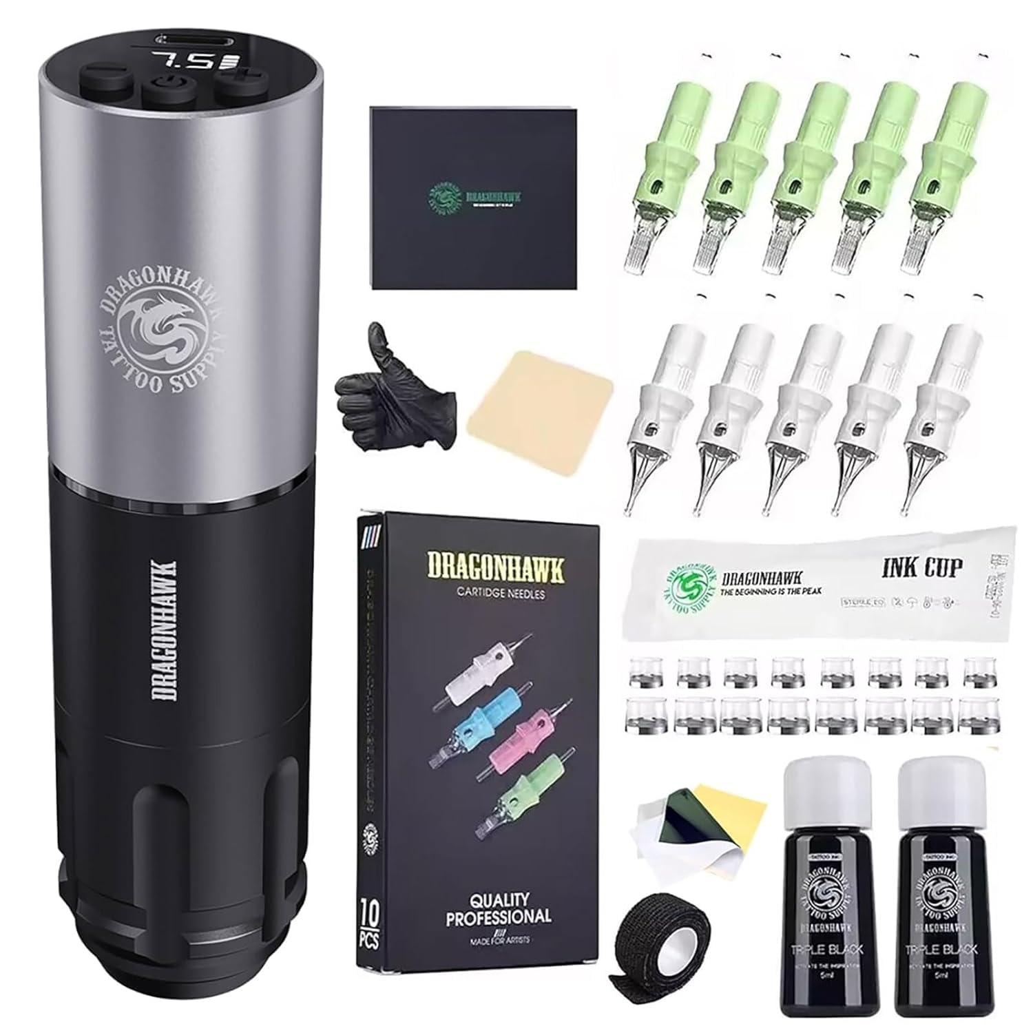 Dragonhawk Tattoo Machine Set Wirelss Tattoo pen Machine Tattoo cartridges Needles Tattoo ink