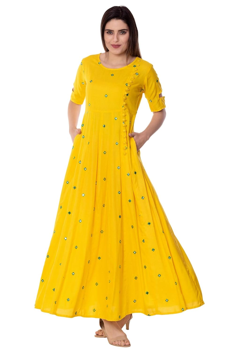 arayna women's long embroidered rayon party wear kurti, yellow
