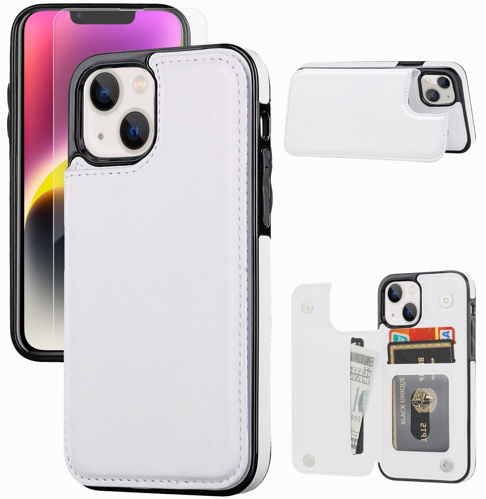 Photo 1 of JOYAKI Wallet Case Compatible with iPhone 14, Slim Protective case with Card Holder,Premium PU Leather Kickstand Card Slots Case with a Screen Protective Glass for iPhone 14(6.1")-White