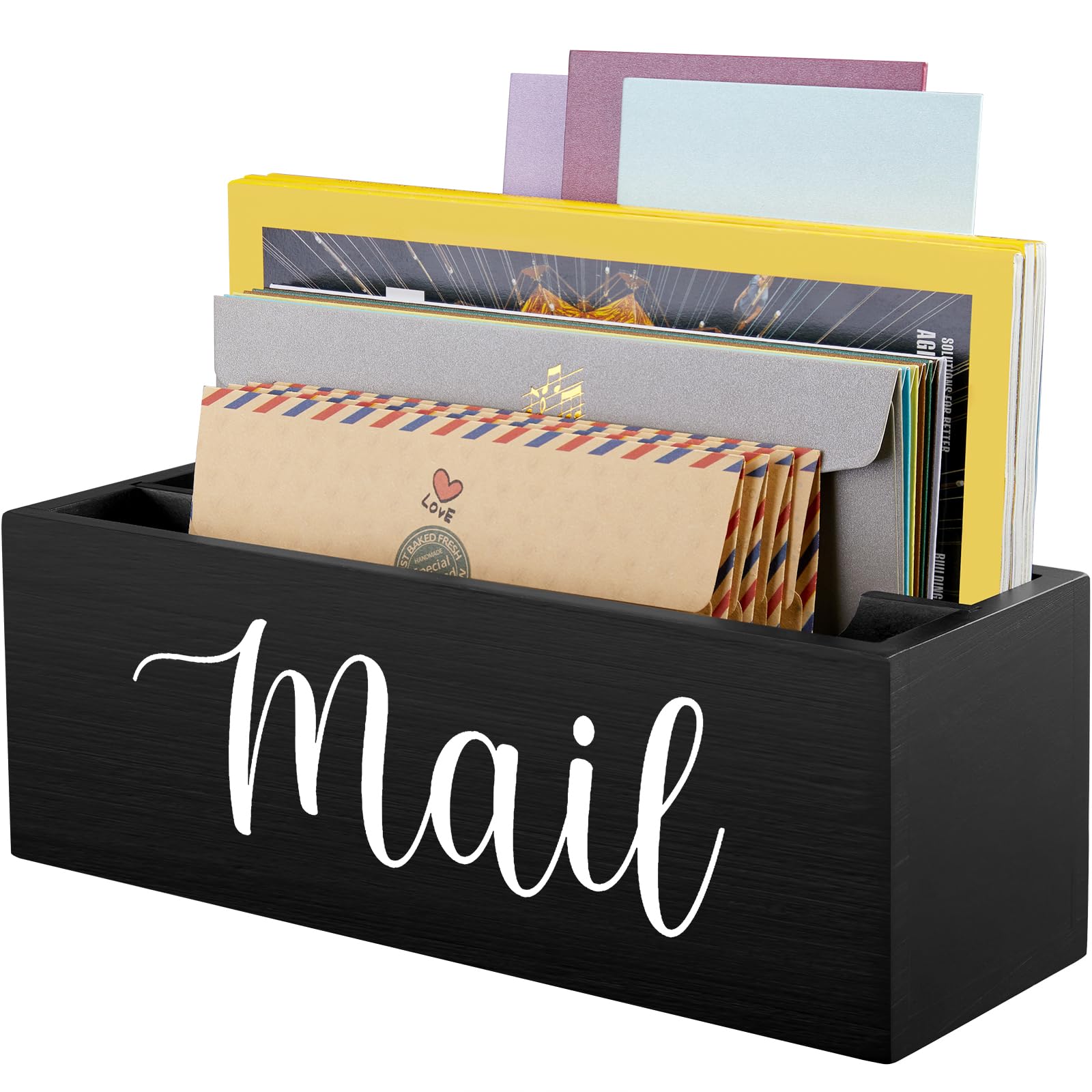 Photo 1 of DRASTAR Mail Organizer, Mail Holder with 2 Slots, Mail Basket for Wall Table Countertop, Wood Desk Mail Organizer, Black Envelope Holder for Home Office Decor