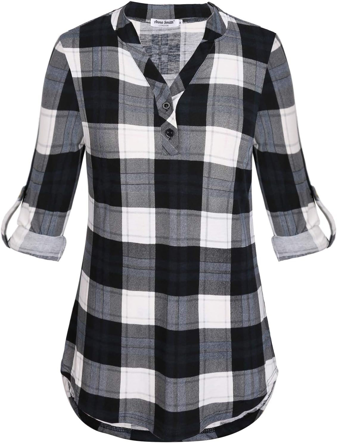 Anna Smith Womens Cuffed Sleeve V Neck Plaid Shirt Casual Pullover Tunic Blouses