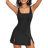 Hilor Women's Square Neck One Piece Swimdress Tummy Control Swimsuits with Skirt Side Slit Slimming Swim Dress