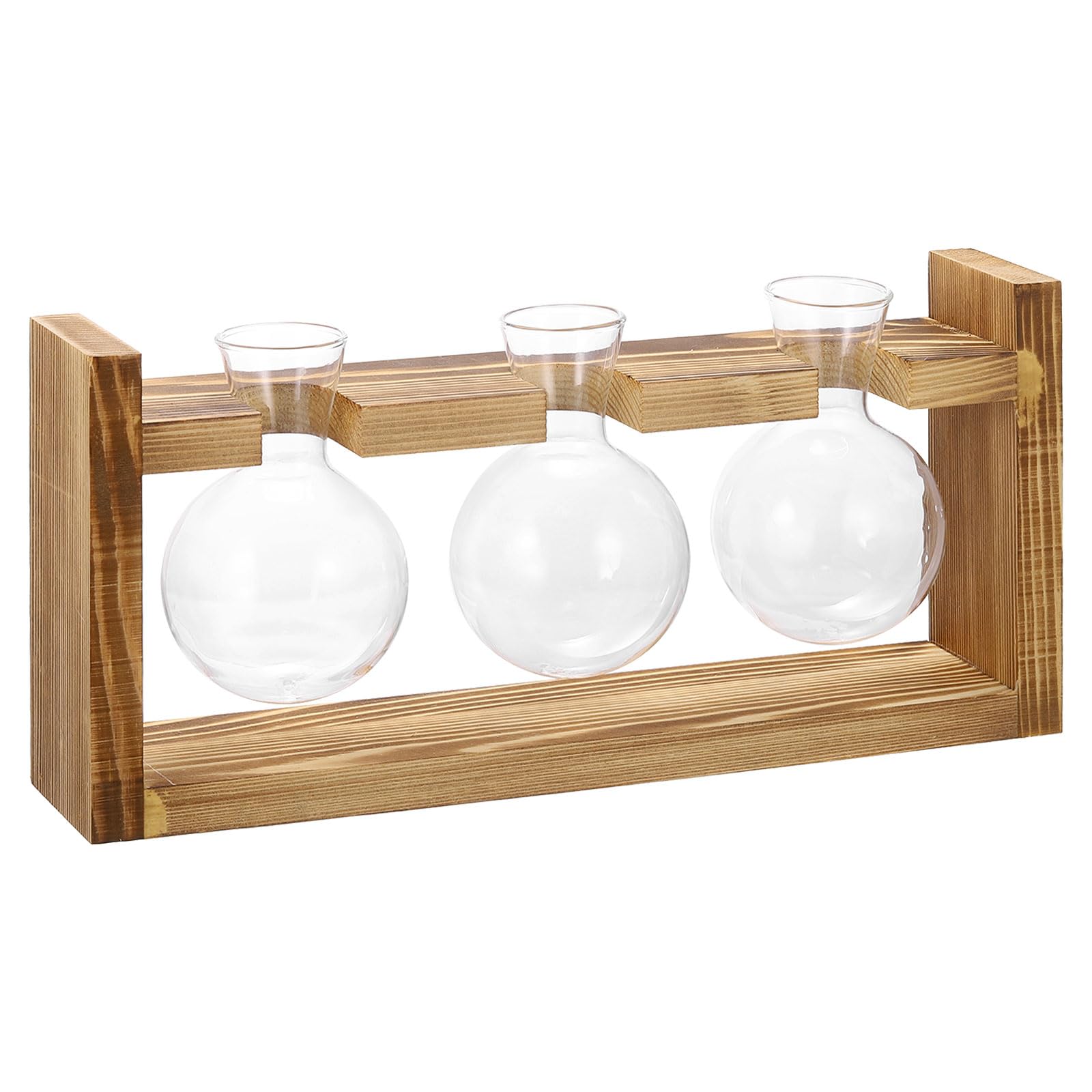 PATIKIL Propagation Vases for Plants with Wooden Stand, Glass Vase for Home Office Desktop Decor Housewarming Gifts, Wood Color (3 Bulb)