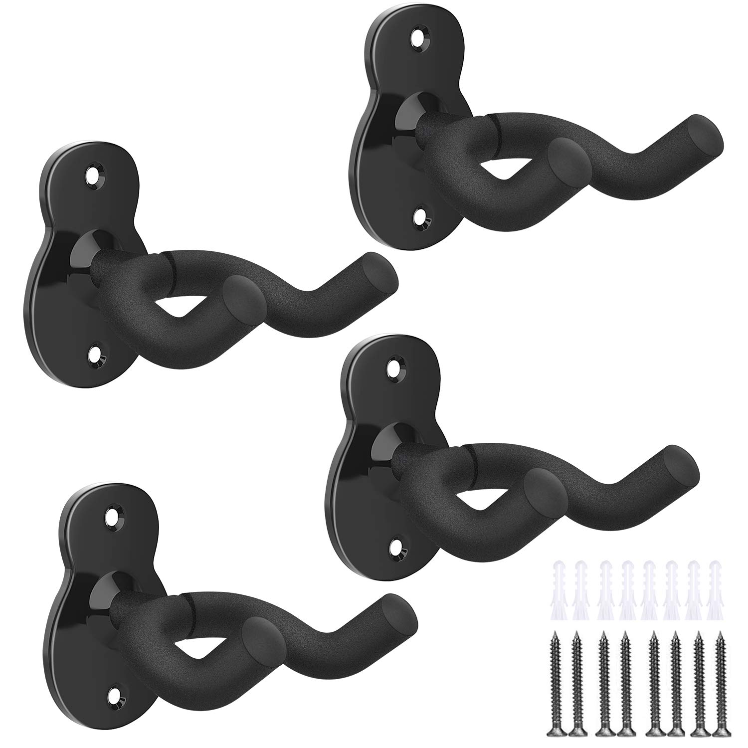 MoKo Guitar Wall Mount Hanger 4-Pack, Wall Hook Holder Stand for Bass Electric Acoustic Ukulele - Black Bracket for Studio Room