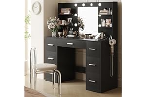YESHOMY Vanity Desk with Mirror, Power Outlet and 10 Lights, Makeup Table with 7 Drawers, 3 Color Modes Available for Bedroom, Black
