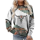Women Aztec Shirts Vintage Geometric Print Crewneck Casual Long Sleeve Ethnic Western Graphic Loose Tee Top for Lady