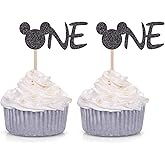 24 Counts Black Glitter Mickey Mouse Inspired Cupcake Toppers Minnie One Baby Birthday Party Decorations