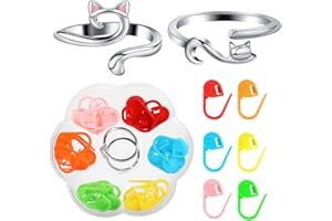 BOARDFEB 2Pcs Crochet Ring With 36 Candy Colored Stitch Markers - Adjustable Finger Cat Yarn Guide Tension Ring for Women - S