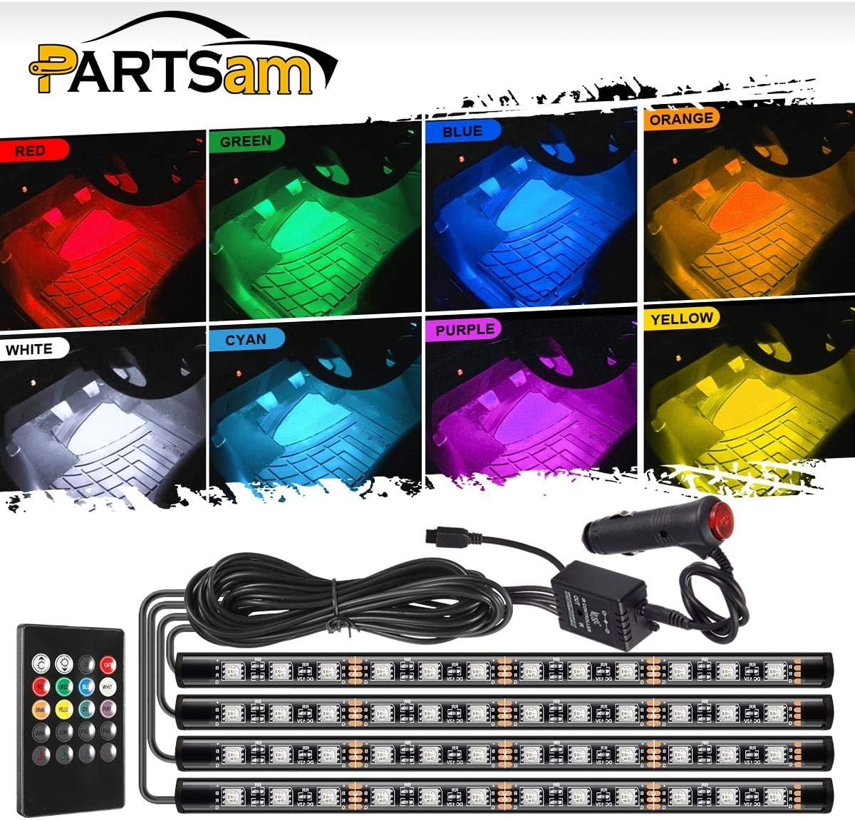 Partsam 48LED Under Dash Lighting Kit Car Floor Atmosphere Glow Neon Lights Multi RGB Color Garden Decorative LED Strip Lights Bar with Sound Function Wireless Remote Control for Motorcycle Car ATV