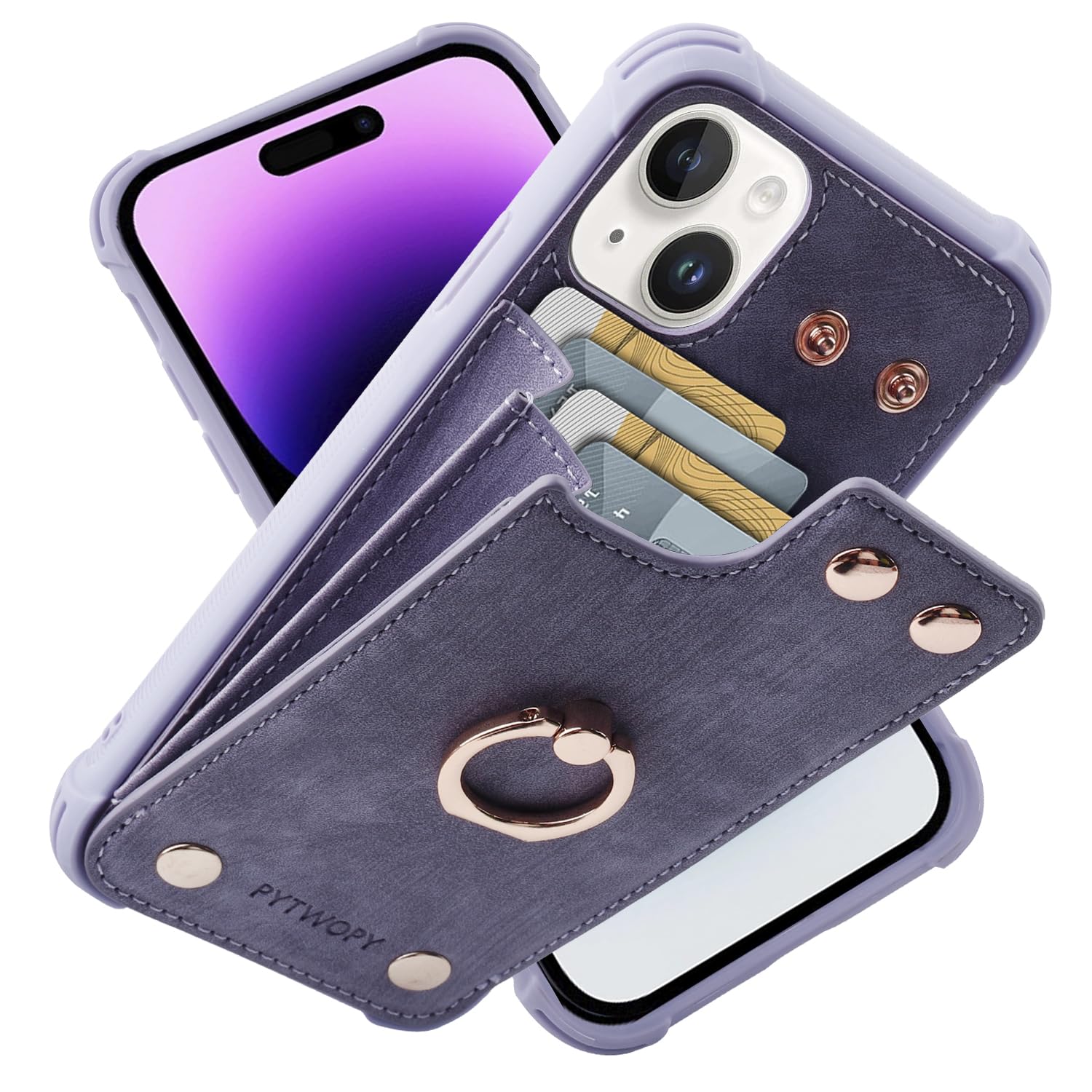 Photo 1 of PYTWOPY Wallet Case Compatible for iPhone 15 with Credit Card Holder,Leather Shockproof Protective Phone Cover 6.1 inch Supports 360°Rotation Ring Stand and RFID Blocking,Lavenders