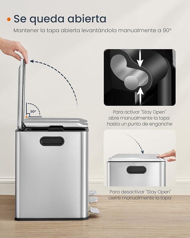 Papelera de Cocina Triple, 3 x 15 L, con Pedales, Acero