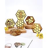 Bee Resin Wood Coaster Set of 6 Honeycomb Wooden Epoxy Resin Drink Coasters for Cold Drinks Wine Glasses Beverage Mugs Bee Themed Cup Mats for Kitchen Dining Coffe Table Gift for Her/Him