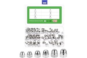 uxcell Acorn Cap Nuts, 105Pcs #6-32, #8-32, #10-24, 1/4"-20, 5/16"-18, 3/8"-16 304 Stainless Steel Hex Acorn Cap Nuts, Silver