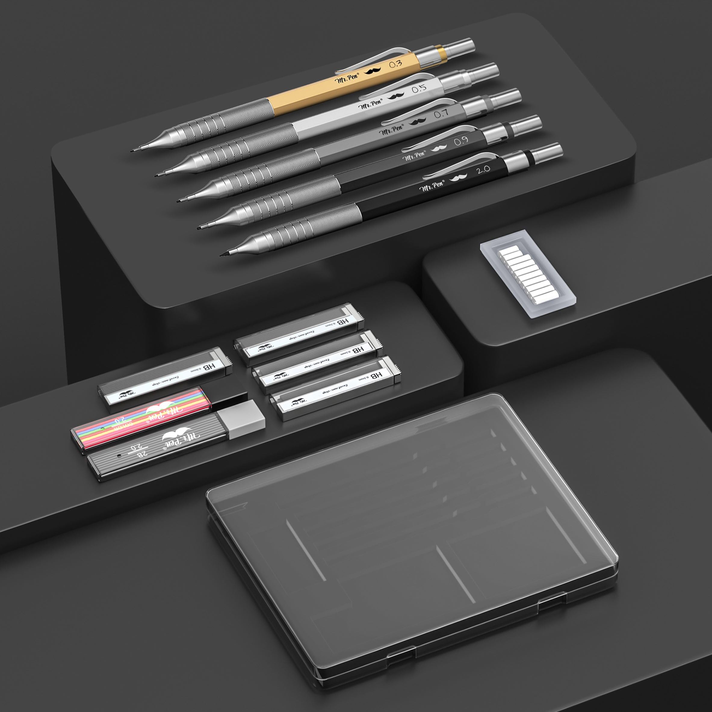 Mr. Pen Metal Mechanical Pencil Set with Leads and Eraser Refills, 5 Sizes - 0.3, 0.5, 0.7, 0.9 and 2 Millimeters, Sketching/ Drafting Pencil