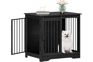 Hzuaneri 27.2" Dog Crate Furniture with Barn Door, Heavy Duty Dog Kennel Indoor with 2 Doors, Wooden Pet Cage End Table for Small Medium Dogs up to 22 lb, Anti-Chew Anti-Escape, Black DFC84304B
