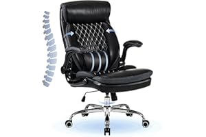 Furnistyle Executive Office Chair, Big and Tall Home Office Desk Chair with High Back Flip-up Armrest, Cushioned Ergonomic Leather Computer Chairs with Lumbar Support, Black