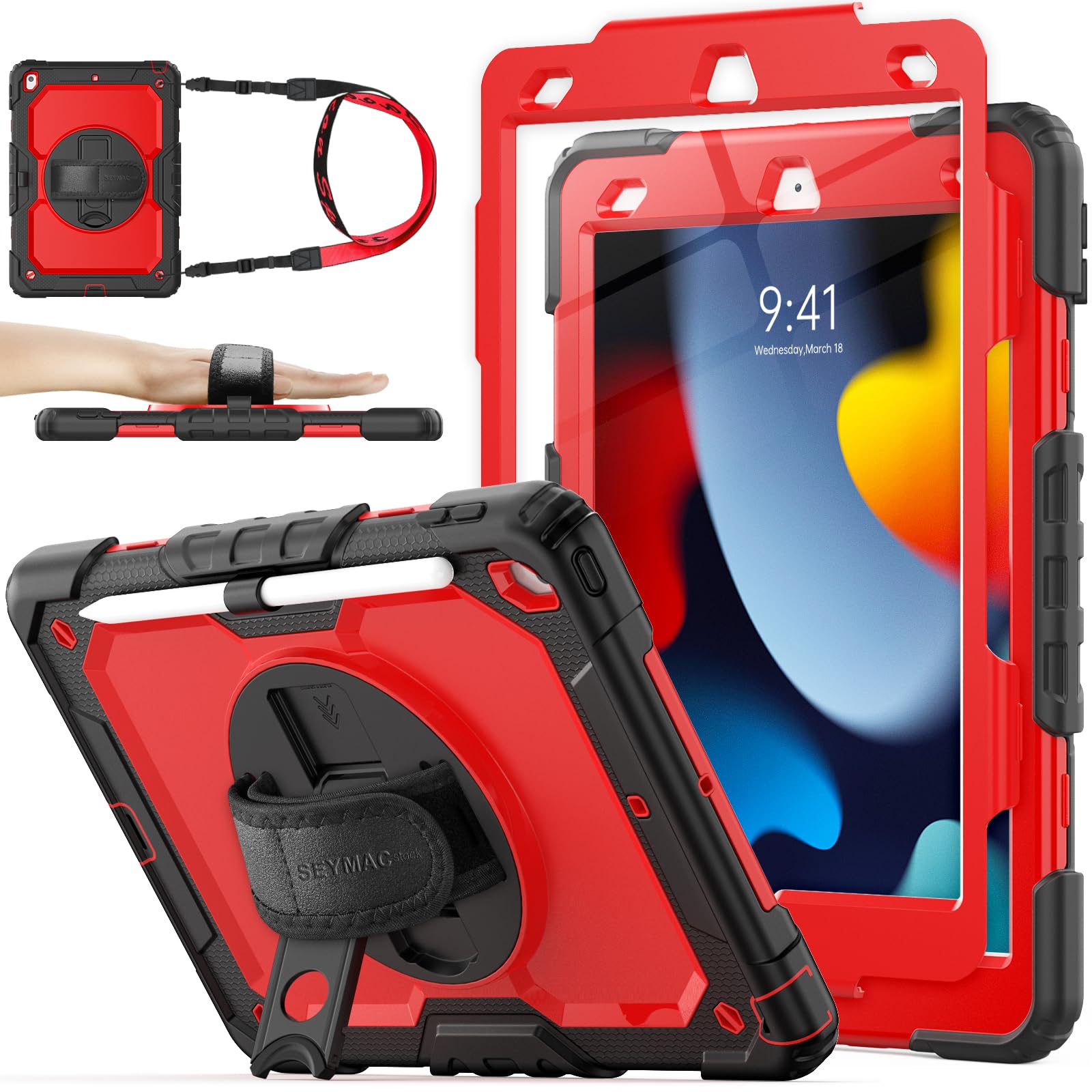 Photo 1 of SEYMAC stock Case for iPad 9th/ 8th/ 7th Generation 10.2'', Shockproof with Screen Protector, Pencil Holder [360° Rotating Hand Strap] & Stand, for iPad 10.2 inch 2021-2019 (Red+SiliconeBlack)