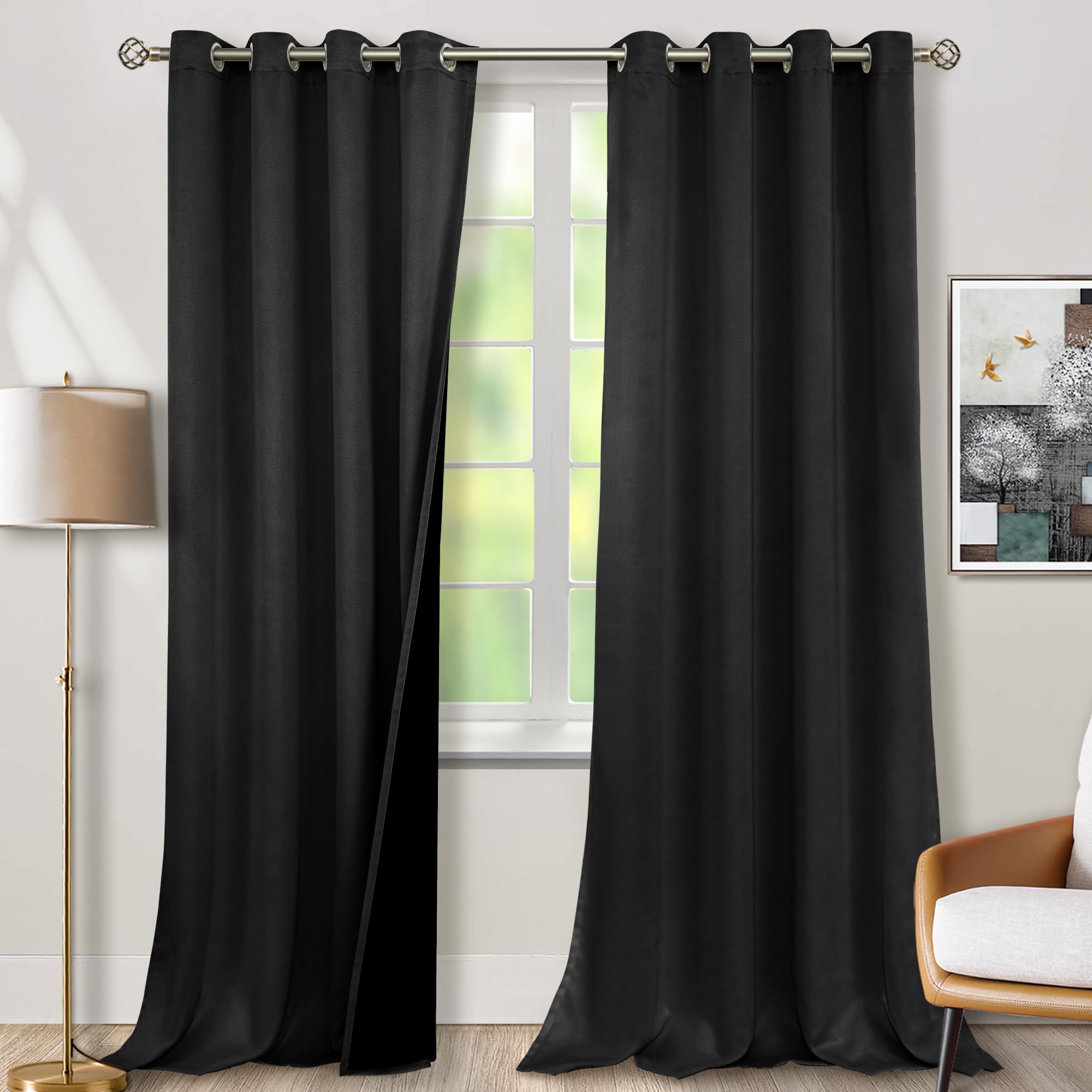 BGment 100% Blackout Curtains 108 Inch Long 2 Panles Set, Thermal Insulated Total Light Locking Soundproof Grommet Curtains & Drapes for Living Room with Black Liner, 52 Inch Wide Each, Black Image