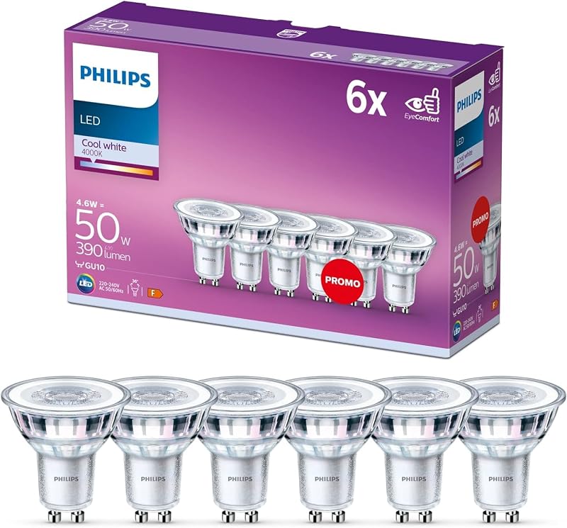 LED Classic GU10 Lampen, 6er-Pack, 50W, Reflektor LED Spots, Kaltweißes Licht, Energiesparend, Nicht Dimmbar