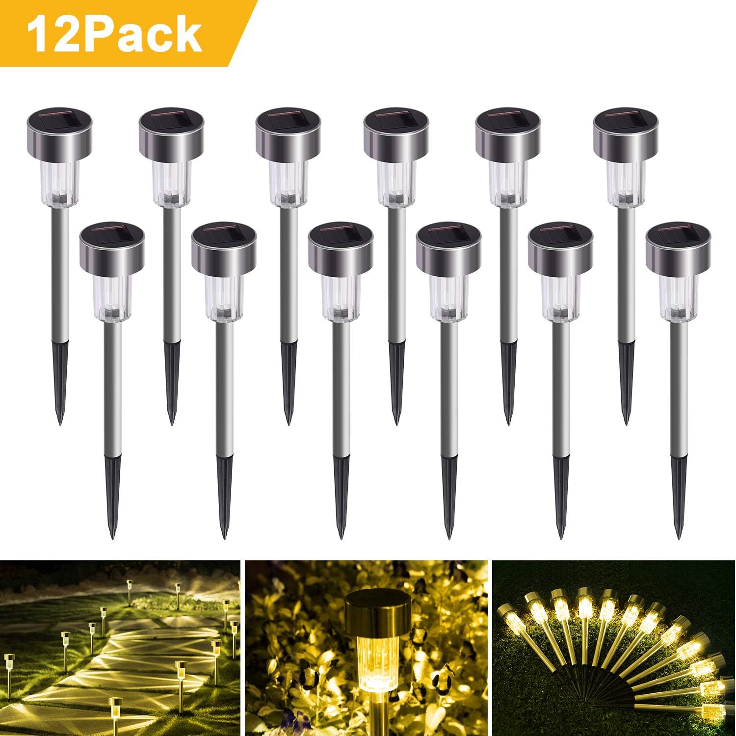 Dumax 12Pack Solar Garden Lights Outdoor, Solar Powered Pathway Lights, Stainless Steel Landscape Lighting for Patio, Lawn, Yard, Driveway, Walkway (Warm White)
