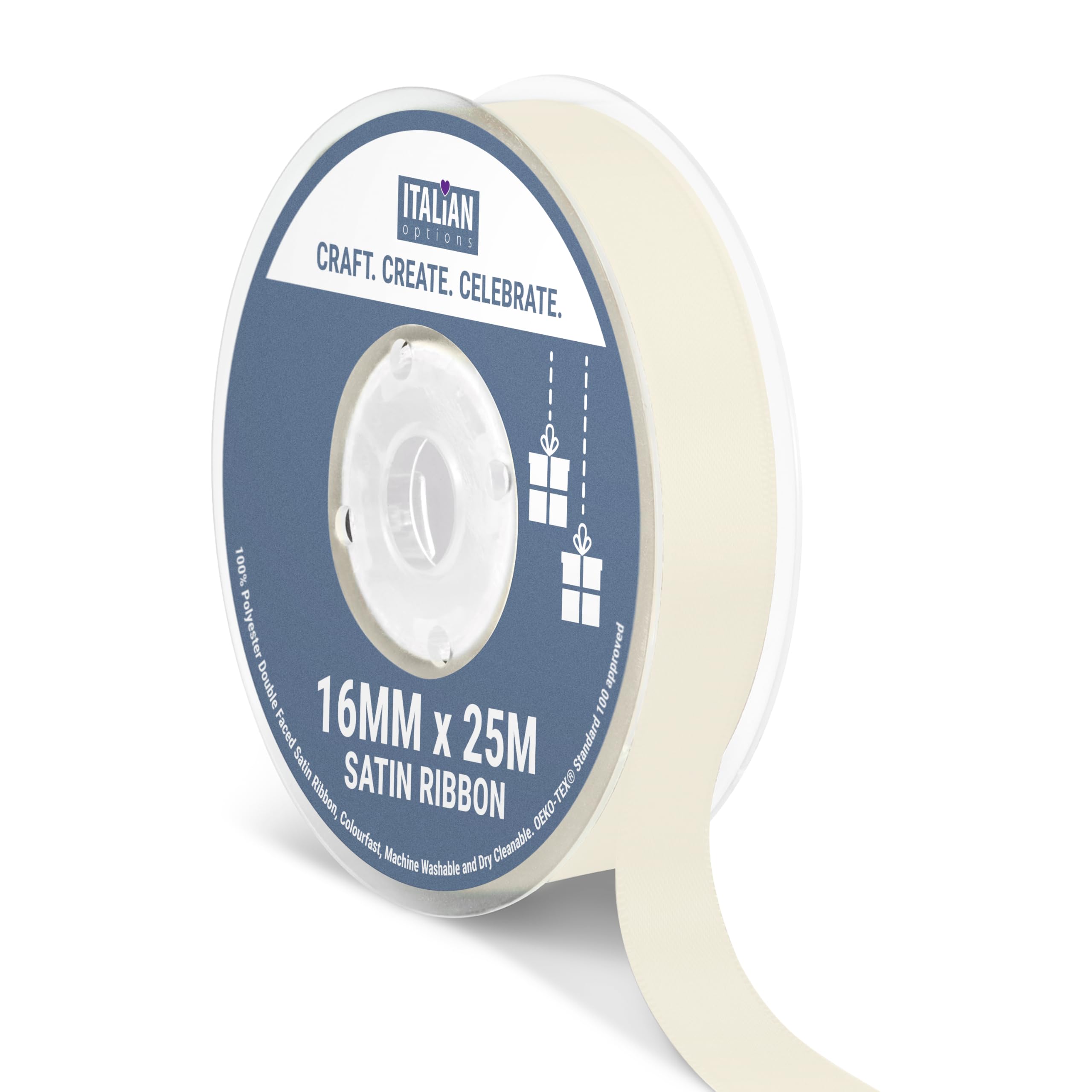 Italian Options Satin Ribbon, Fabric Ribbons for Gift Wrapping, Crafting, Balloons, Wedding Car, Presents, Cake, Christmas, Birthday, Gift Wrap Accessories, 16mm Wide x 25 Metre Roll, Ivory