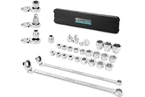 DURATECH 27PCS Extra Long Flex Head Ratcheting Wrench Set, 8-22mm, Double Box End Ratchet Wrench Set with E-type 8-22mm Replacement Heads, 10x19mm, 1/4", 3/8", 1/2" Socket Adapters