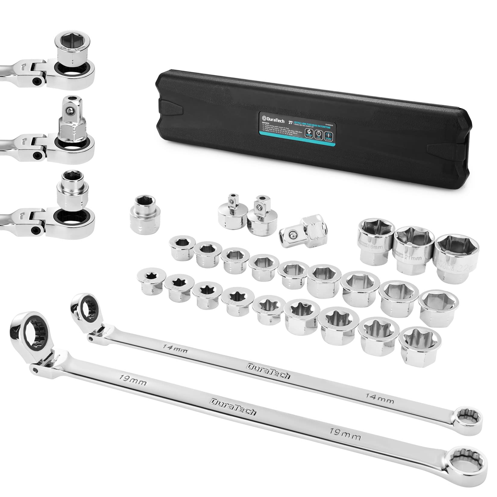Photo 1 of ** 26 PCS ** DURATECH 27PCS Extra Long Flex Head Ratcheting Wrench Set, 8-22mm, Double Box End Ratchet Wrench Set with E-type 8-22mm Replacement Heads, 10x19mm, 1/4", 3/8", 1/2" Socket Adapters