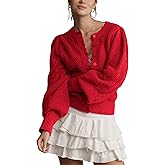 MINSURE Women Pointelle Knit Lightweight Cardigan Puff Sleeve Scalloped Trim Button Down Open Front Cropped Sweater Jacket