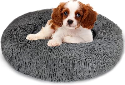 Enjamoy Plush Donut Dog Bed Calming Round Pet Cushion 60cm Dark Grey