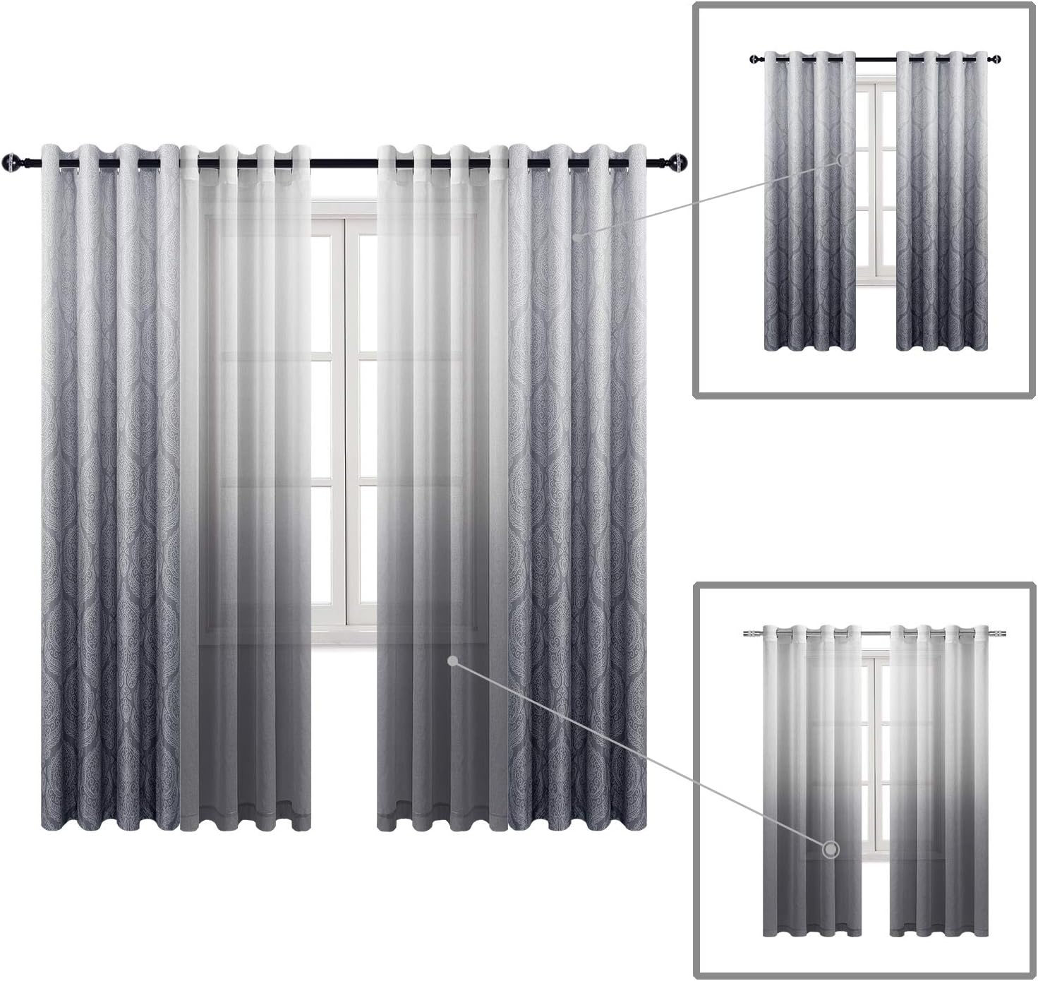 Amazon.com: DWCN Grey Damask Ombre Blackout Curtains Bundle Ombre Sheer
