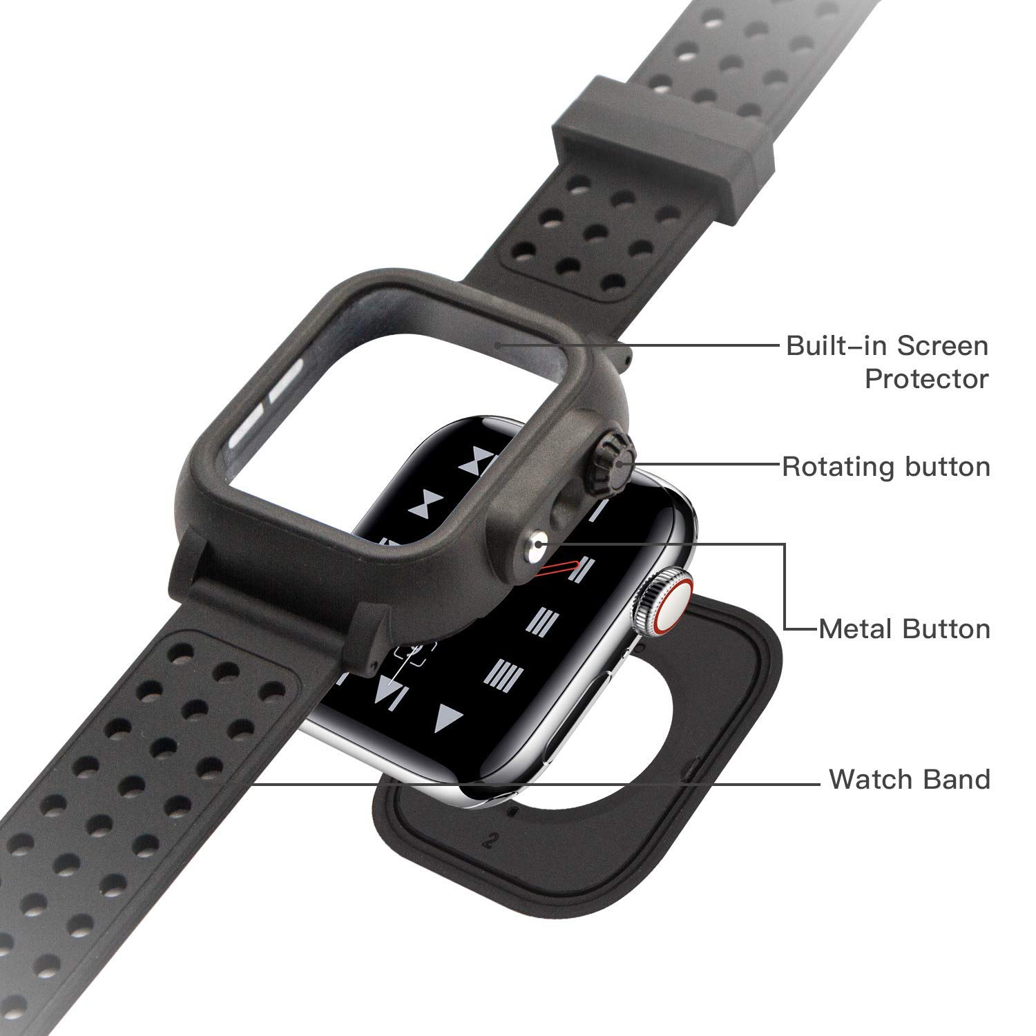 Twinkk Waterproof Case Compatible for Apple Watch Series 4 40mm with Built-in Screen Protector and Silicone Watch Band-Black