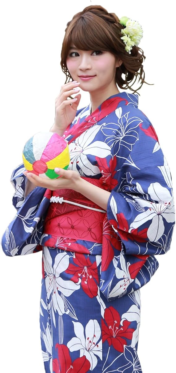Amazon モデルサイズ 高級綿浴衣3点セット 紺地に白と赤百合 浴衣 セット レディース 浴衣 通販