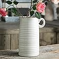 Mowtanco White Ceramic Vase with Small Handle, Modern Farmhouse Pitcher, Milk Jug Vase for Home Decor, Rustic Textured Pottery Vase, Glazed Decorative Vase for Flowers, Centerpieces for Dining Table