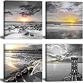Bamdeya Black and White Gold Beach Wall Art Sea Sunrise Scenery Picture Canvas Print Framed Seascape Painting for Living Room Bathroom Wall Decor Home Decoration