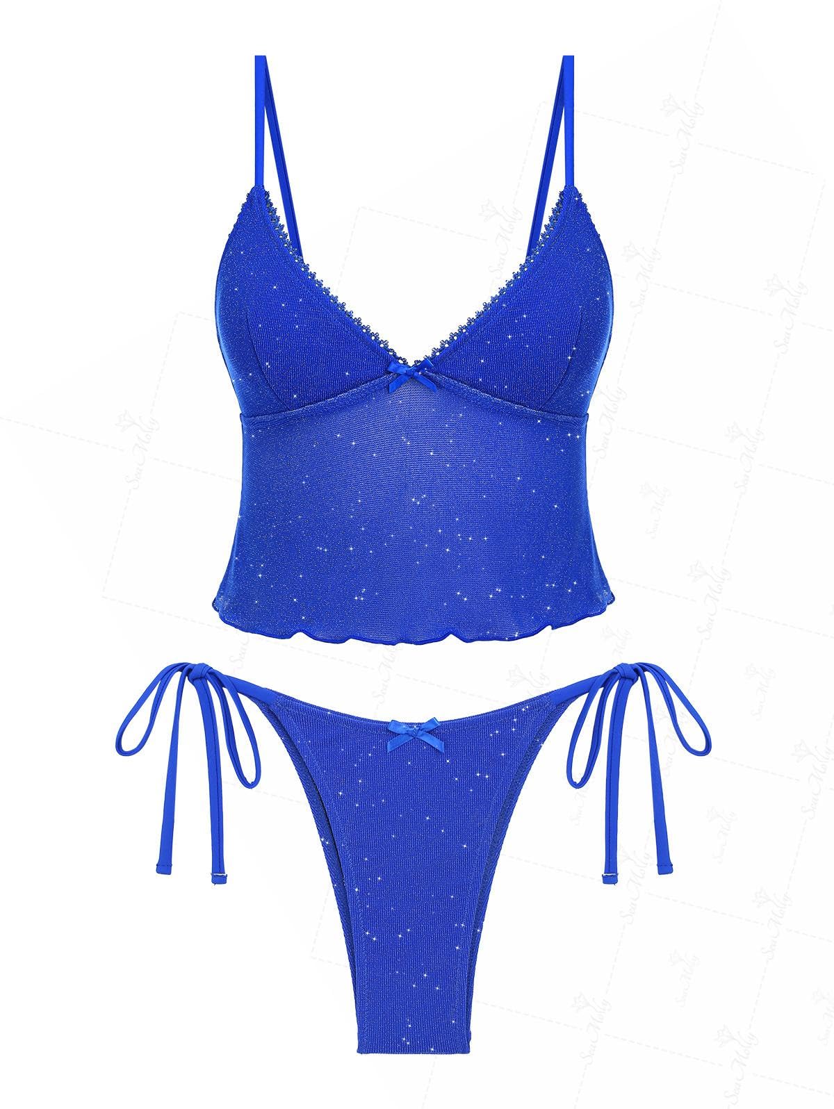 Photo 1 of seamoly Lurex Glitter Sparkly Lace Trim Bowknot Decor Tie Side Tankini Set,Blue,L