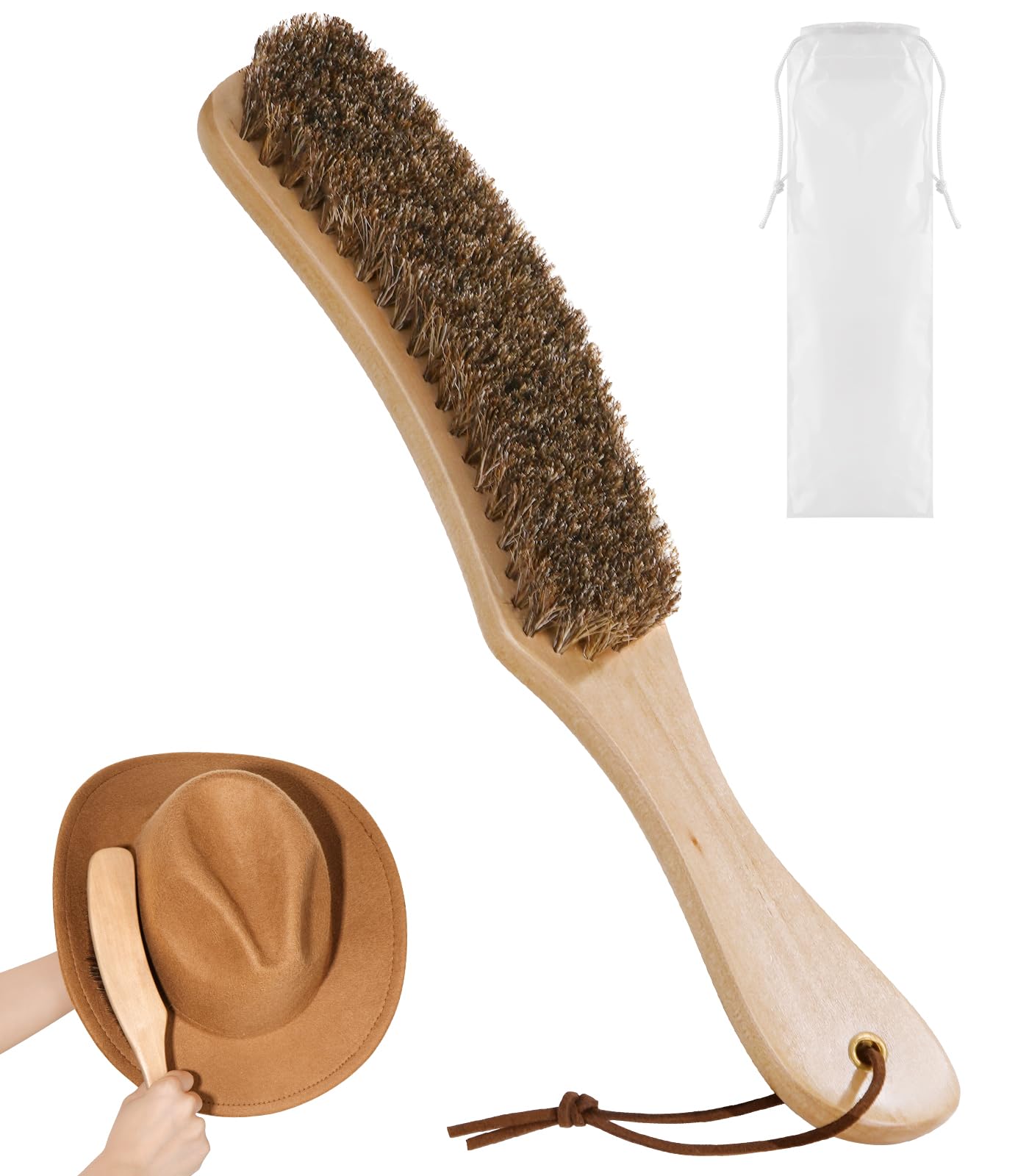 Photo 1 of Cowboy Hat Brush, 100% Horsehair Brush for Cleaning, Lint Brush Removes Dust, Pet Hair, Cleaning Kit for Suede, Felt Hats, Wool Coats, Suits, Clothes, Shoes, Furniture, Wood Handle with Storage Bag